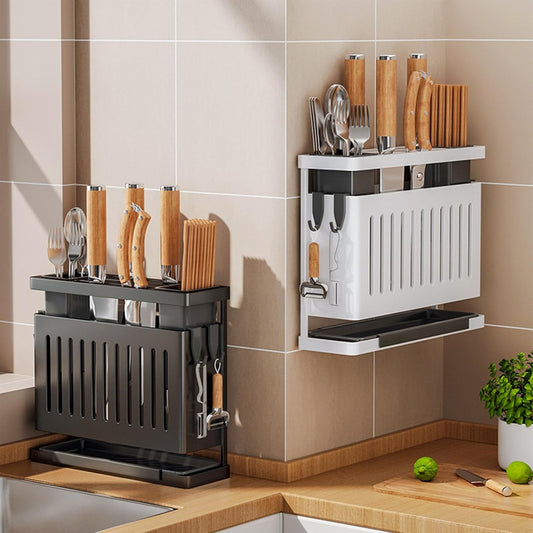 Kitchen Knives Chopstick Rack Wall Mounted Multifunctional Utensil Holder with Draining Tray,Organizer for Kitchen Knives and Chopsticks,Kitchen Utensil Storage Rack (Black), #012