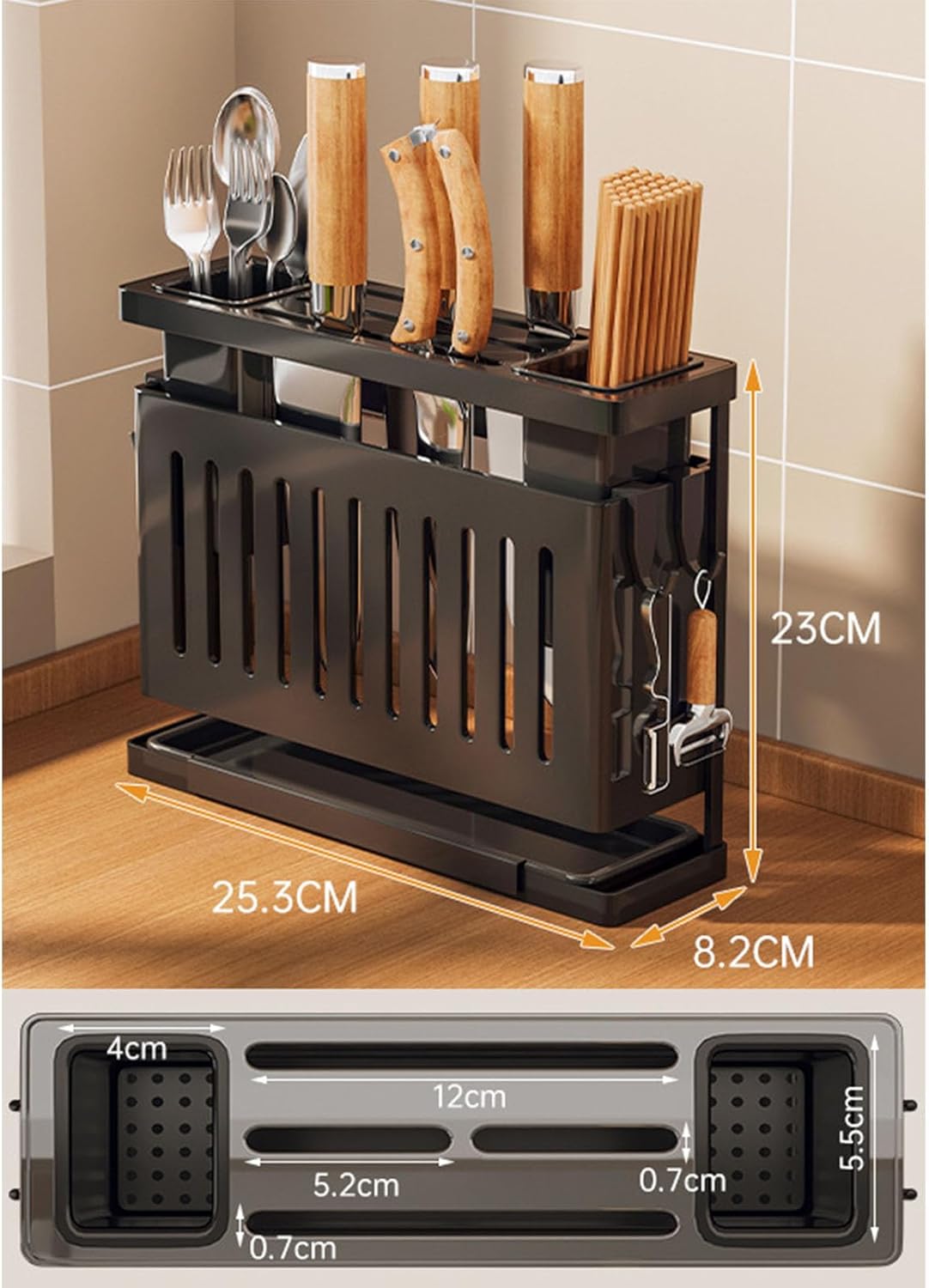 Kitchen Knives Chopstick Rack Wall Mounted Multifunctional Utensil Holder with Draining Tray,Organizer for Kitchen Knives and Chopsticks,Kitchen Utensil Storage Rack (Black), #012