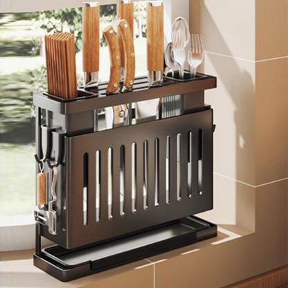 Kitchen Knives Chopstick Rack Wall Mounted Multifunctional Utensil Holder with Draining Tray,Organizer for Kitchen Knives and Chopsticks,Kitchen Utensil Storage Rack (Black), #012