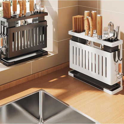 Kitchen Knives Chopstick Rack Wall Mounted Multifunctional Utensil Holder with Draining Tray,Organizer for Kitchen Knives and Chopsticks,Kitchen Utensil Storage Rack (Black), #012