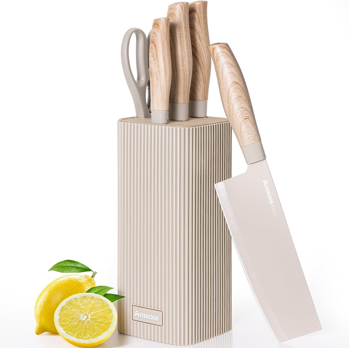 Knife Set, 6-Piece Kitchen Knife Set with Block, High Carbon Stainless Steel Ultra Sharp Kitchen Knives, Wood Grain Handle, Dishwasher Safe Knife Block Set, Khaki, Kitchen Utility Knives