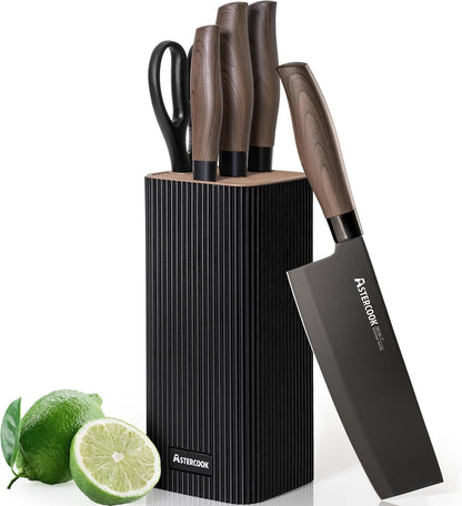 Knife Set, 6-Piece Kitchen Knife Set with Block, High Carbon Stainless Steel Ultra Sharp Kitchen Knives, Wood Grain Handle, Dishwasher Safe Knife Block Set, Khaki, Kitchen Utility Knives