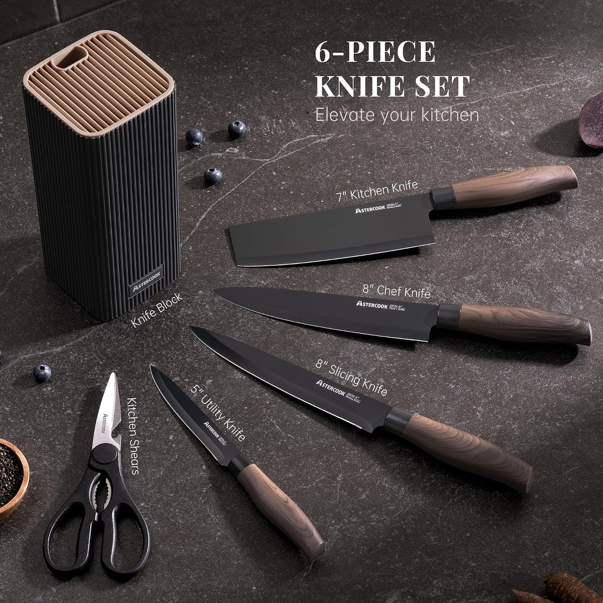 Knife Set, 6-Piece Kitchen Knife Set with Block, High Carbon Stainless Steel Ultra Sharp Kitchen Knives, Wood Grain Handle, Dishwasher Safe Knife Block Set, Khaki, Kitchen Utility Knives