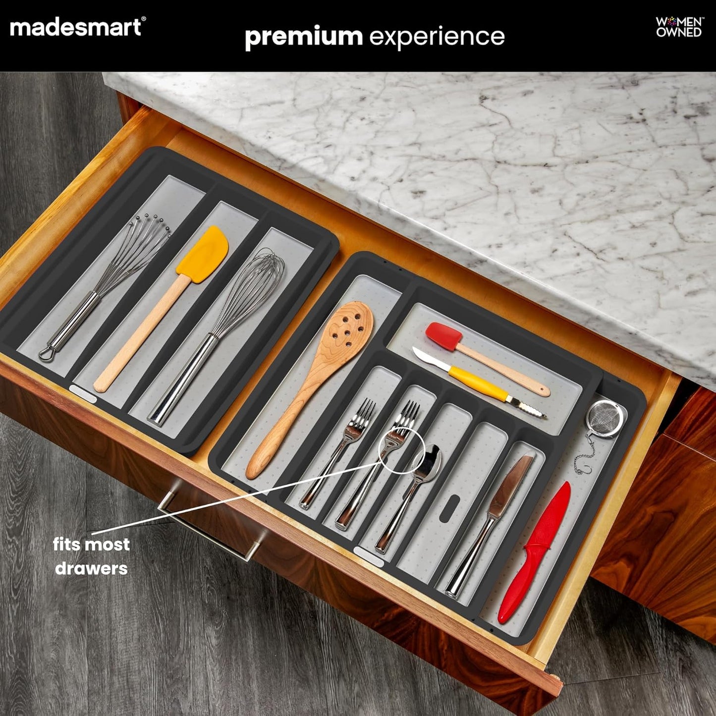 Expandable Silverware Tray, 8 Compartment Silverware Organizer for Forks, Knives & Spoons, Non Slip, Soft Grip Base, Expands to Fit Most Drawers, Carbon