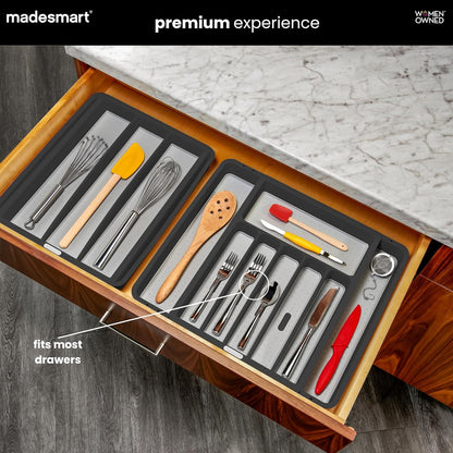 Expandable Silverware Tray, 8 Compartment Silverware Organizer for Forks, Knives & Spoons, Non Slip, Soft Grip Base, Expands to Fit Most Drawers, Carbon