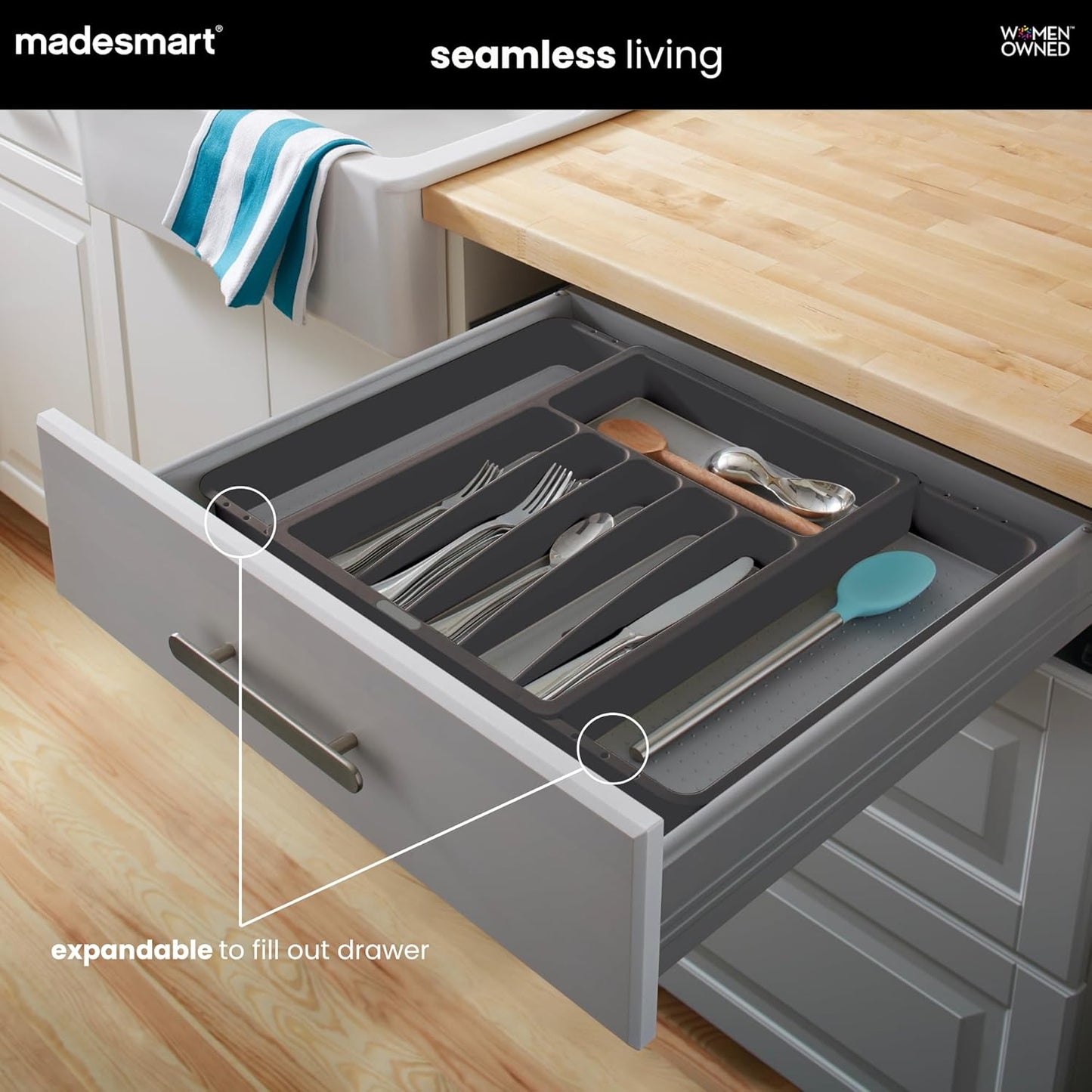 Expandable Silverware Tray, 8 Compartment Silverware Organizer for Forks, Knives & Spoons, Non Slip, Soft Grip Base, Expands to Fit Most Drawers, Carbon