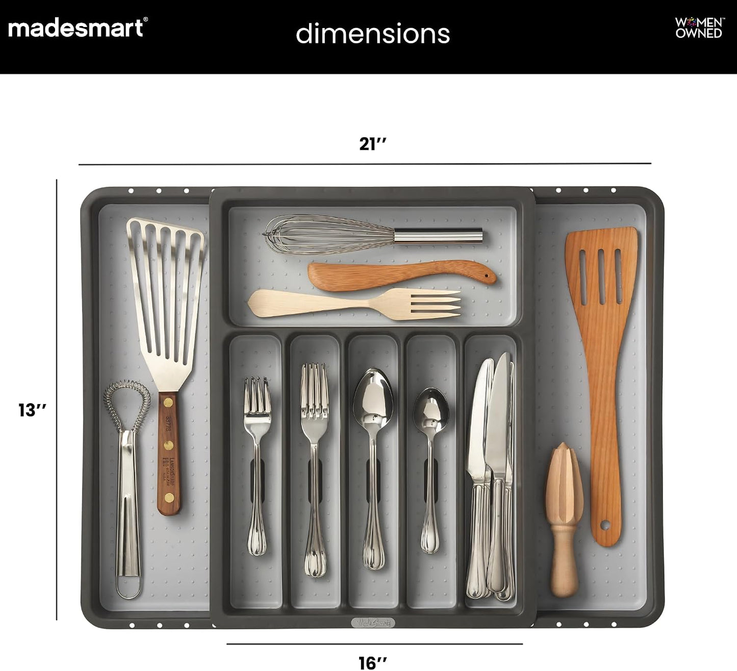 Expandable Silverware Tray, 8 Compartment Silverware Organizer for Forks, Knives & Spoons, Non Slip, Soft Grip Base, Expands to Fit Most Drawers, Carbon