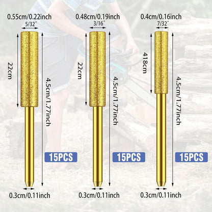 45 pcs Diamond Chainsaw Sharpener Bits, High Hardness Sharpening Stone, Plated Chainsaw Sharpening Kit for Chain Saw Stone Jewelry Wood(5/32", 3/16", 7/32")