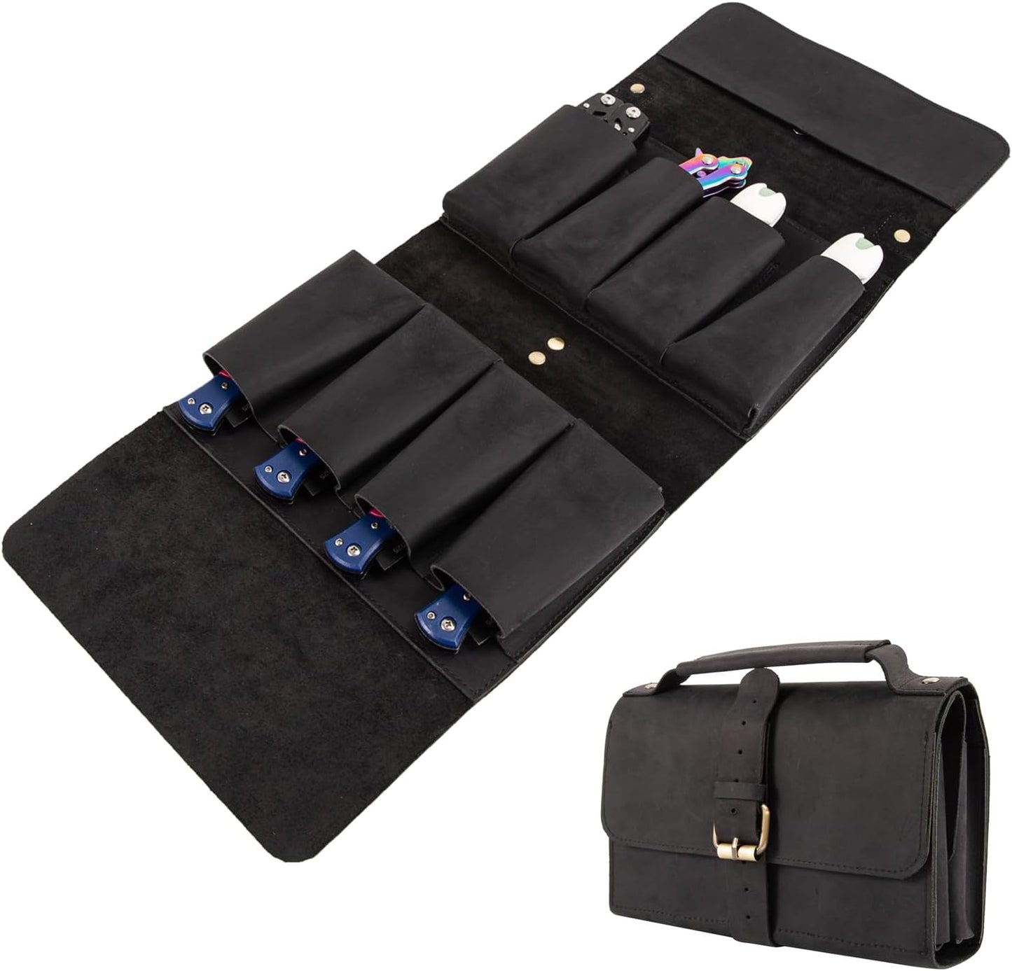Pocket Knife Display Case, Genuine Leather Folding Knives Roll Bag Organizer with 8 Slots, 4×2×1 Inches Pocket Slots Storage Case Knife, Compact Knives Cases Gift for Collectors