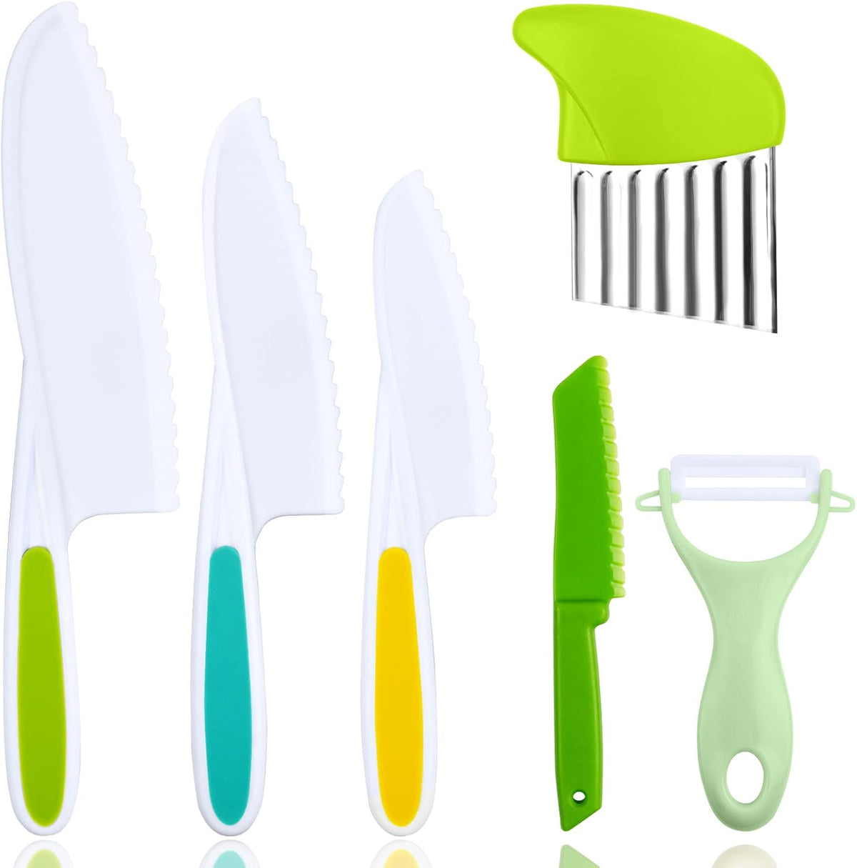 Montessori Kitchen Tools,6Pieces Knives for Kids Nylon Kids Safe Cooking Knives Serrated Edges,Y Peeler For Cooking and Cutting Fruit,Suitable for Children and Beginners