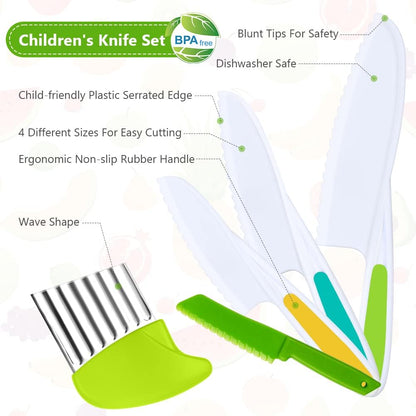 Montessori Kitchen Tools,6Pieces Knives for Kids Nylon Kids Safe Cooking Knives Serrated Edges,Y Peeler For Cooking and Cutting Fruit,Suitable for Children and Beginners