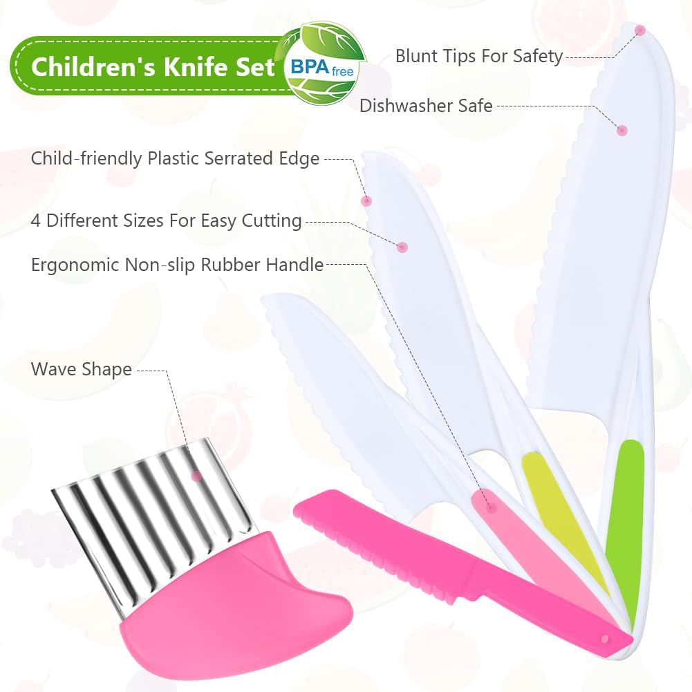 Montessori Kitchen Tools,6Pieces Knives for Kids Nylon Kids Safe Cooking Knives Serrated Edges,Y Peeler For Cooking and Cutting Fruit,Suitable for Children and Beginners