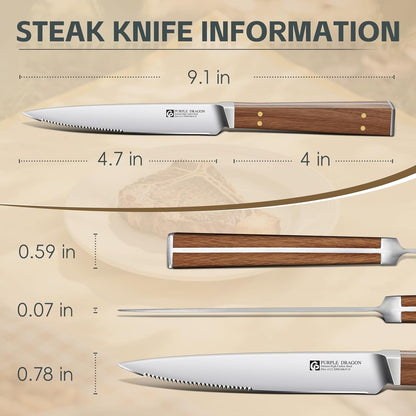 Serrated Steak Knives Set of 4 inch - Steak Knife Set | High Carbon German Steel, Square Wooden Handle, Gift Box, for Effortless Cutting