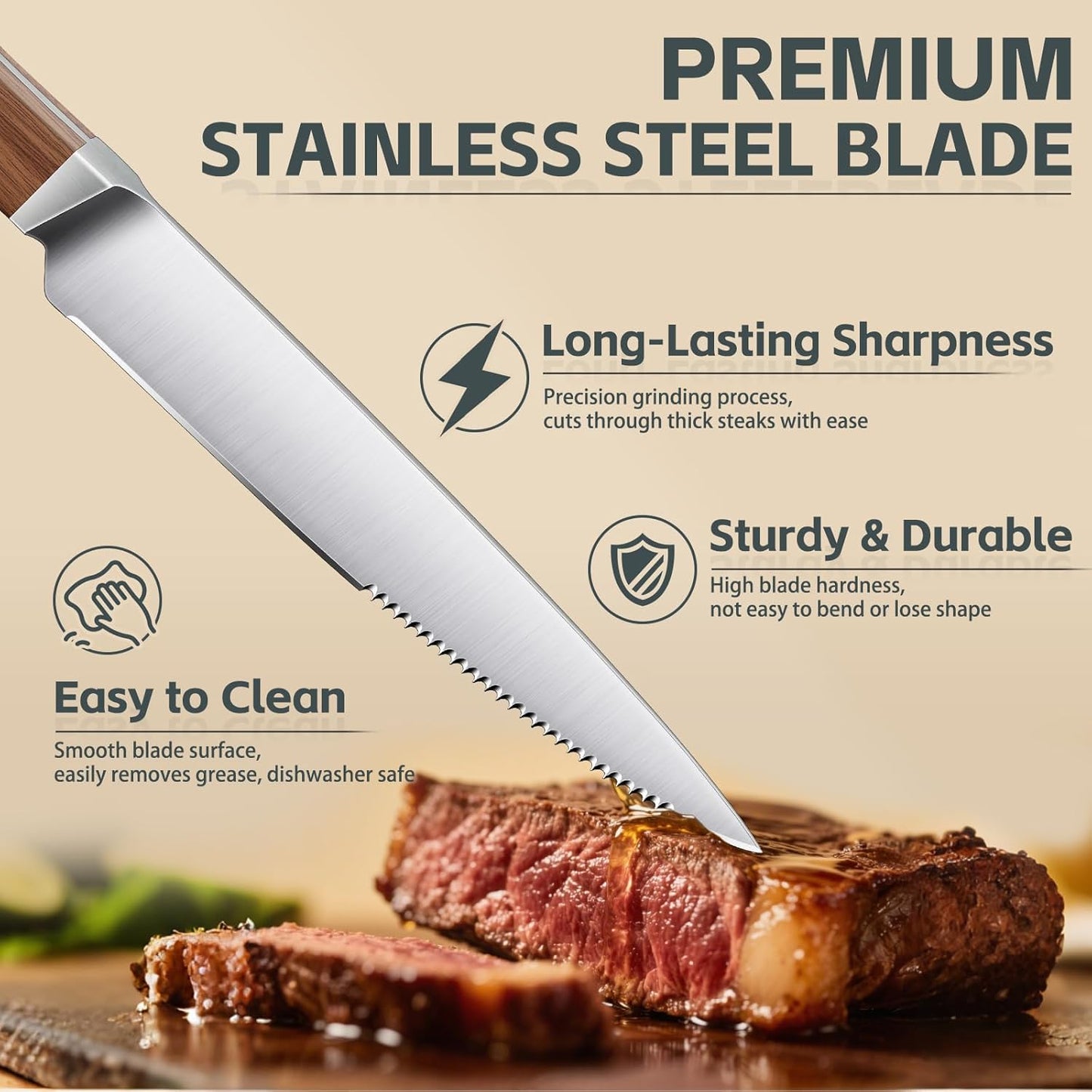 Serrated Steak Knives Set of 4 inch - Steak Knife Set | High Carbon German Steel, Square Wooden Handle, Gift Box, for Effortless Cutting