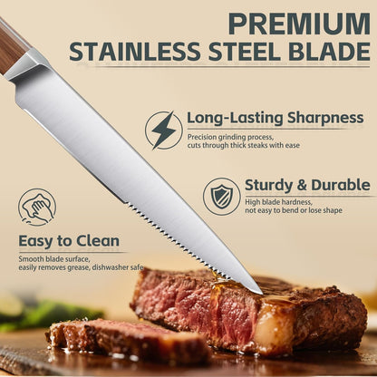 Serrated Steak Knives Set of 4 inch - Steak Knife Set | High Carbon German Steel, Square Wooden Handle, Gift Box, for Effortless Cutting