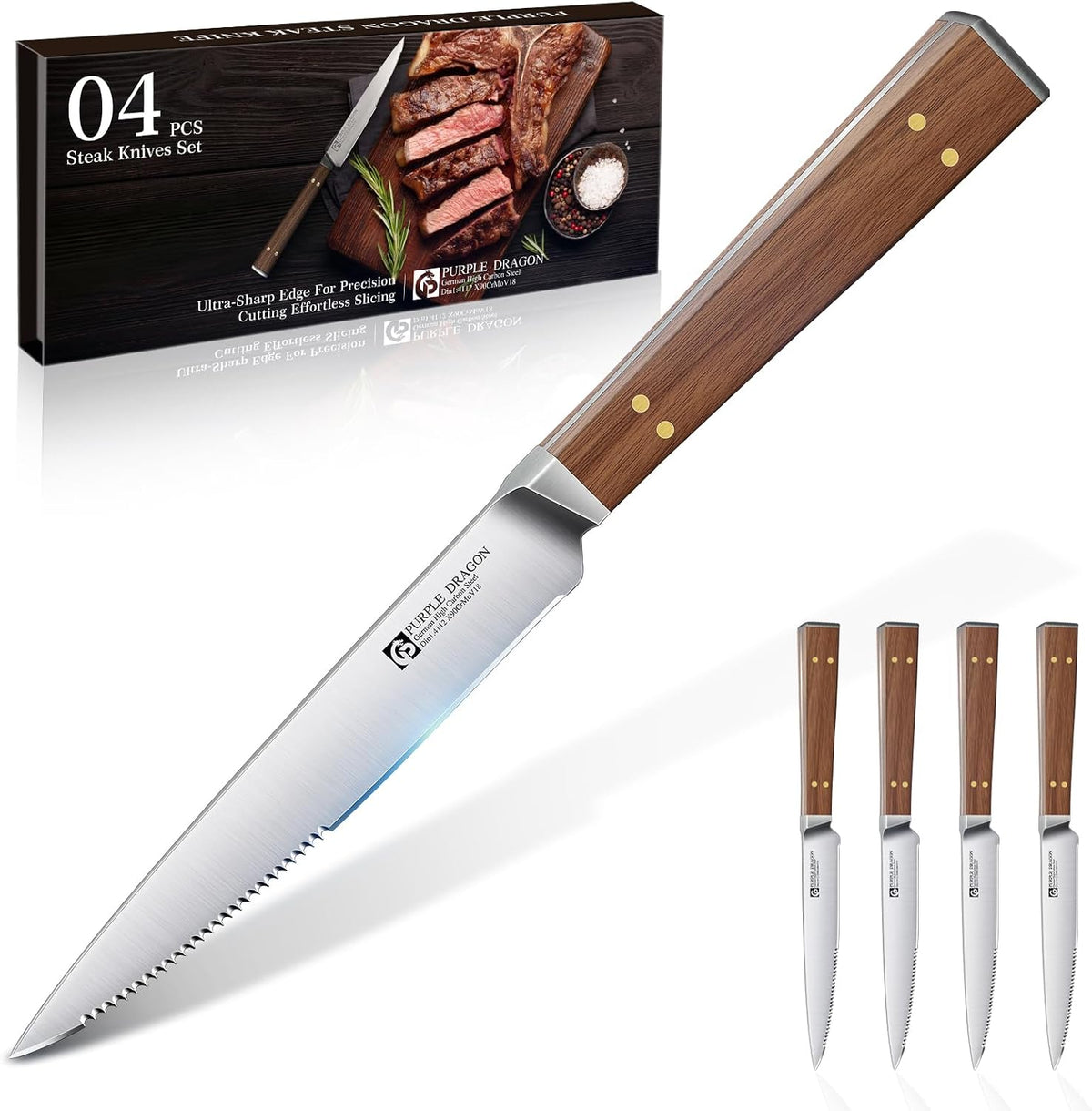 Serrated Steak Knives Set of 4 inch - Steak Knife Set | High Carbon German Steel, Square Wooden Handle, Gift Box, for Effortless Cutting