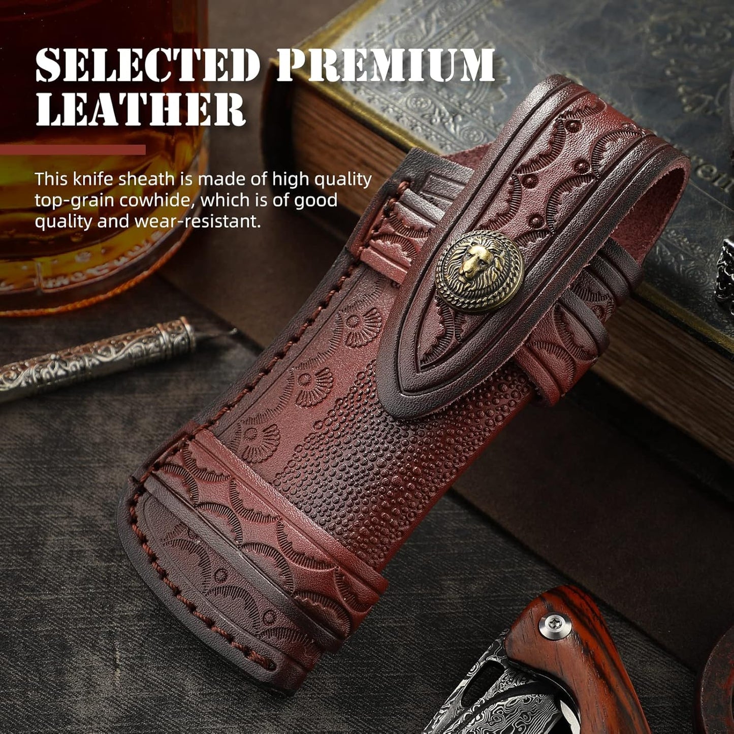 Omesio Pocket Knife Sheath, 5" Horizontal Knife Sheath for Belt, EDC Organizer Folding Knife Leather Sheaths, Small Belt Pouch Holder for Men