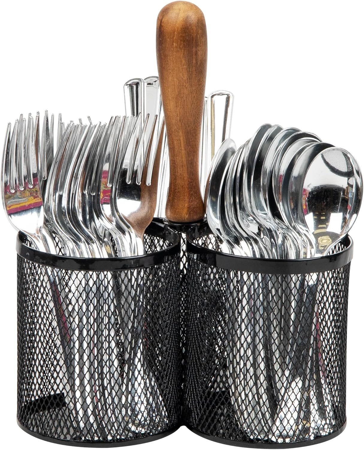 Utensil Holder, Silverware Organizer, Caddy, Cutlery Holder, Kitchen, Metal Mesh, 7.5"L x 7.5"W x 9.75"H, Black