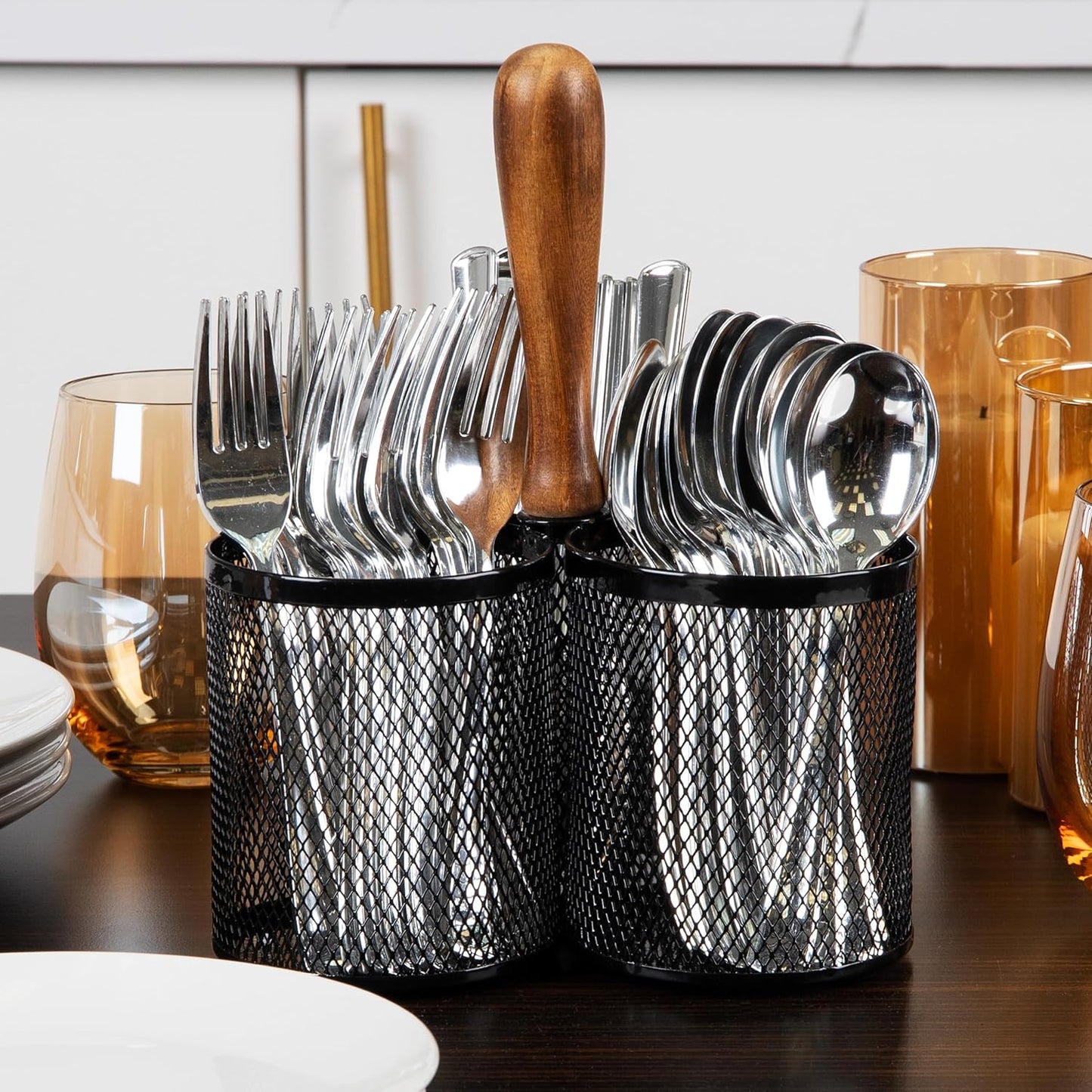 Utensil Holder, Silverware Organizer, Caddy, Cutlery Holder, Kitchen, Metal Mesh, 7.5"L x 7.5"W x 9.75"H, Black