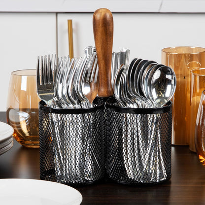 Utensil Holder, Silverware Organizer, Caddy, Cutlery Holder, Kitchen, Metal Mesh, 7.5"L x 7.5"W x 9.75"H, Black