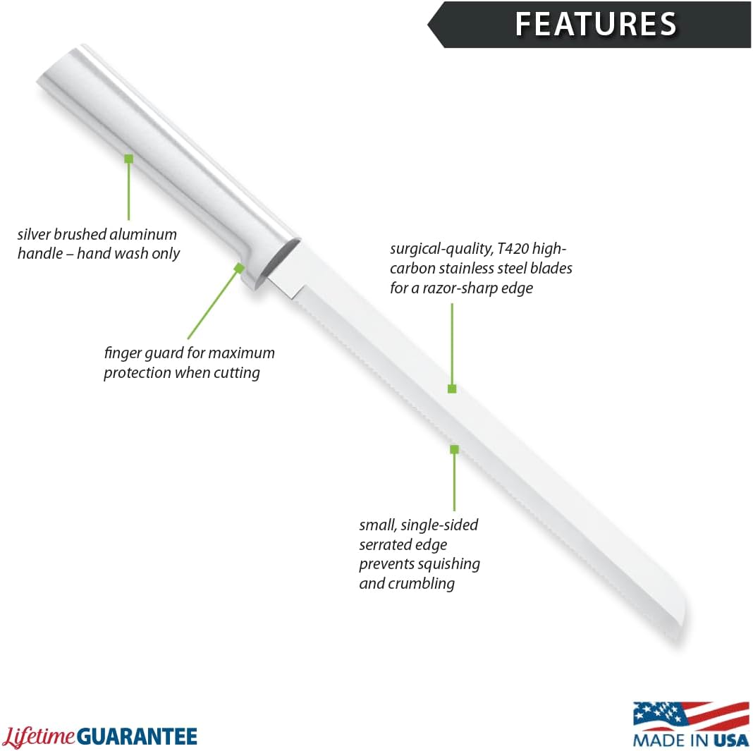 8" Bread Knife (R143), Silver Handle | Stainless Steel Serrated Blade, Silver Cast Aluminum Handle