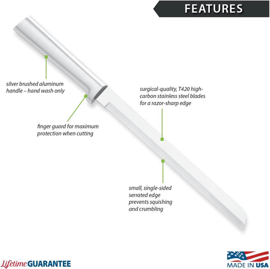 8" Bread Knife (R143), Silver Handle | Stainless Steel Serrated Blade, Silver Cast Aluminum Handle