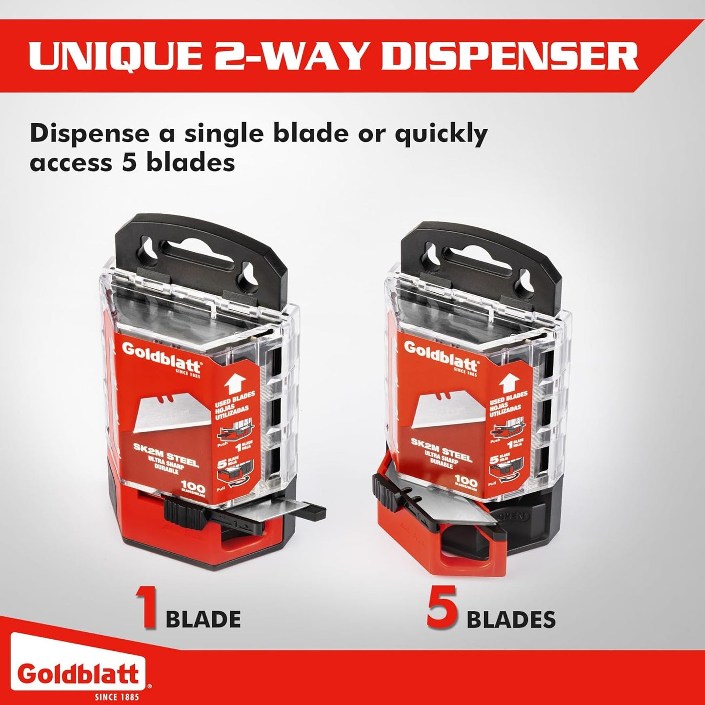 100-Pack Utility Blades Premium Tempered SK2M Steel with Dispenser (G08283) | SK2M Steel Blades; 100-Pack with Dispenser; Universal Fit; Multi-Purpose Cutting; Reliable Performance