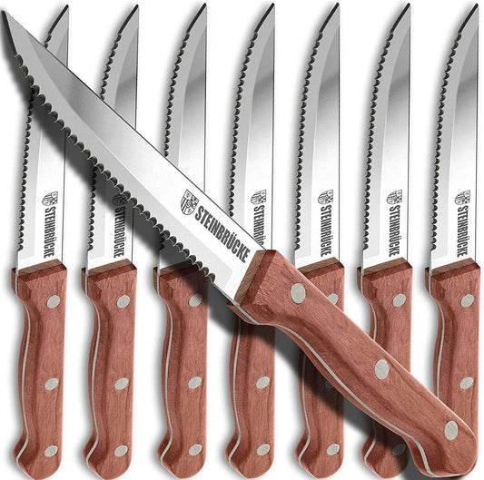 Steak Knife Set - Steak Knife with Wooden Handle, Knives Set for Kitchen, Serrated Steak Knives Set of 8, Classic Full Tang Design, 5Cr15Mov Stainless Steel Blade