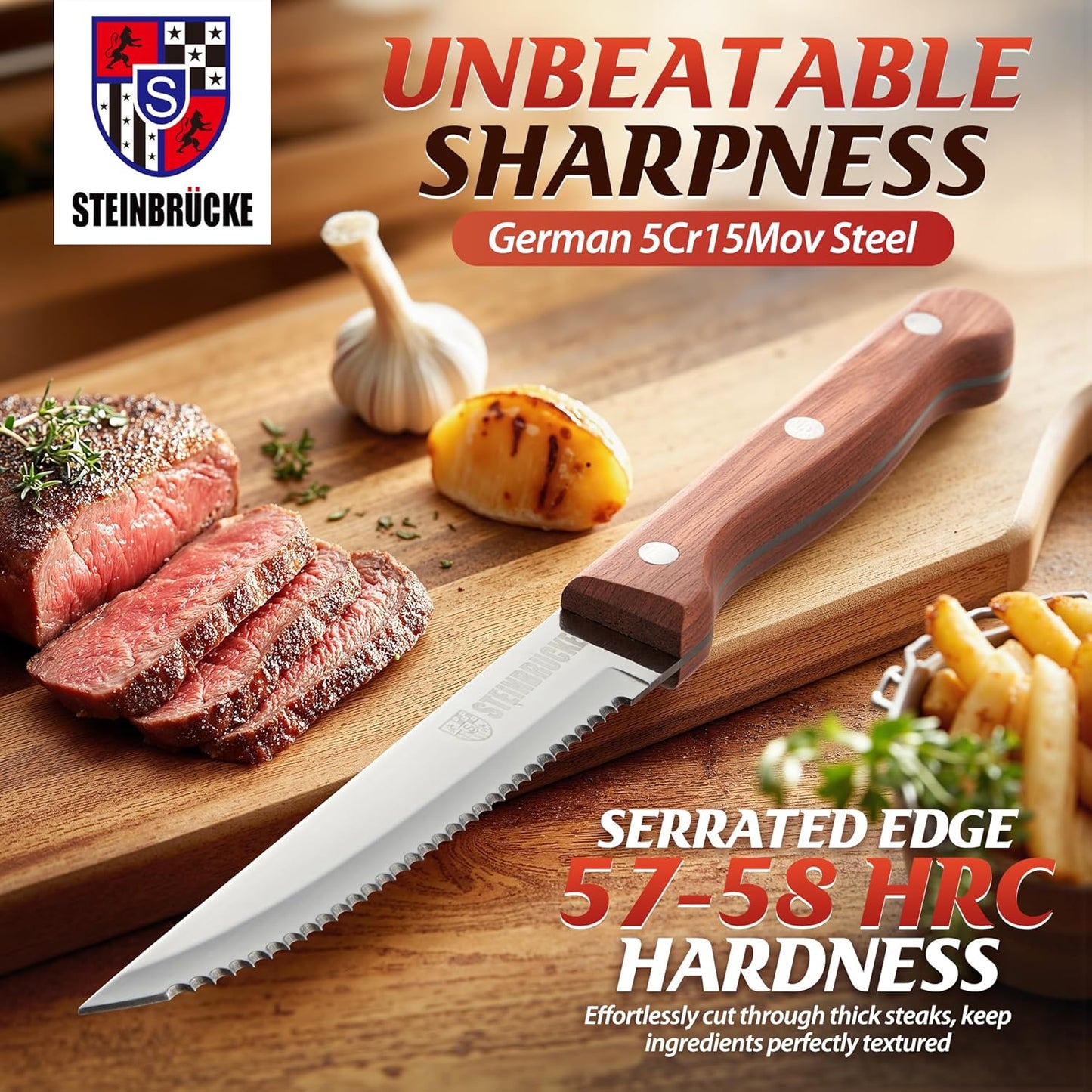 Steak Knife Set - Steak Knife with Wooden Handle, Knives Set for Kitchen, Serrated Steak Knives Set of 8, Classic Full Tang Design, 5Cr15Mov Stainless Steel Blade
