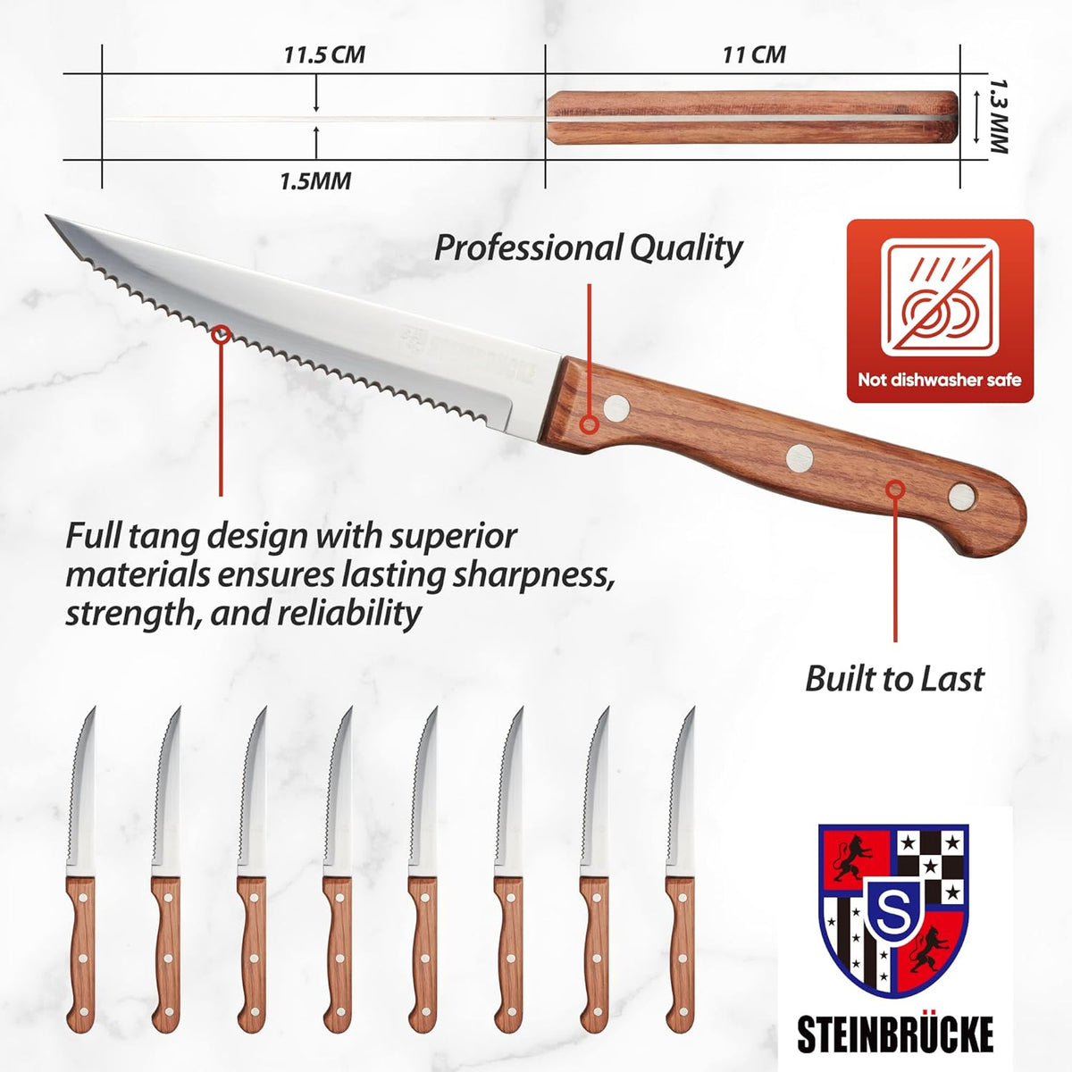 Steak Knife Set - Steak Knife with Wooden Handle, Knives Set for Kitchen, Serrated Steak Knives Set of 8, Classic Full Tang Design, 5Cr15Mov Stainless Steel Blade