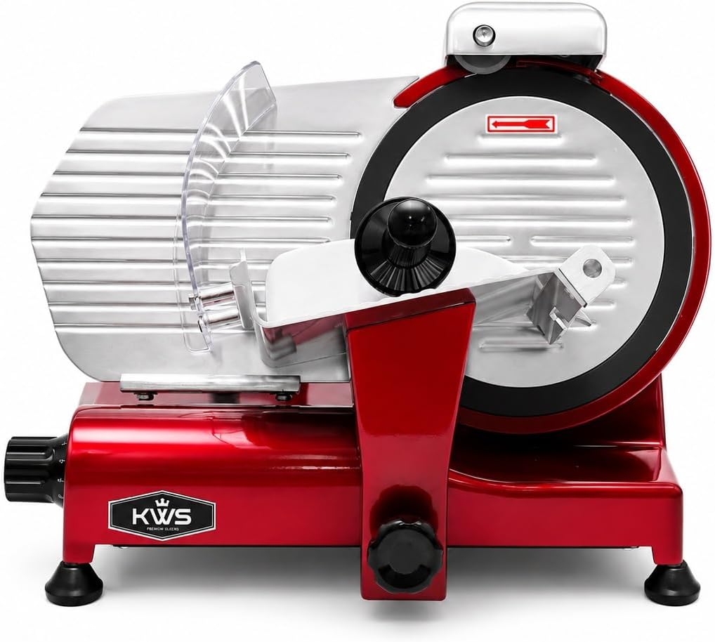 KWS MS-10XT Premium 320W Electric Meat Slicer 10-Inch in Red with Non-sticky Teflon Blade, Frozen Meat/Deli/Cheese/Food Slicer Low Noises Commercial and Home Use [ ETL, NSF Certified ]