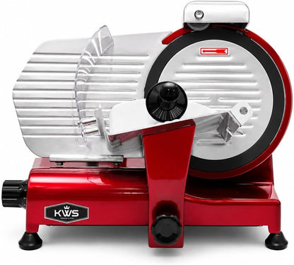 KWS MS-10XT Premium 320W Electric Meat Slicer 10-Inch in Red with Non-sticky Teflon Blade, Frozen Meat/Deli/Cheese/Food Slicer Low Noises Commercial and Home Use [ ETL, NSF Certified ]