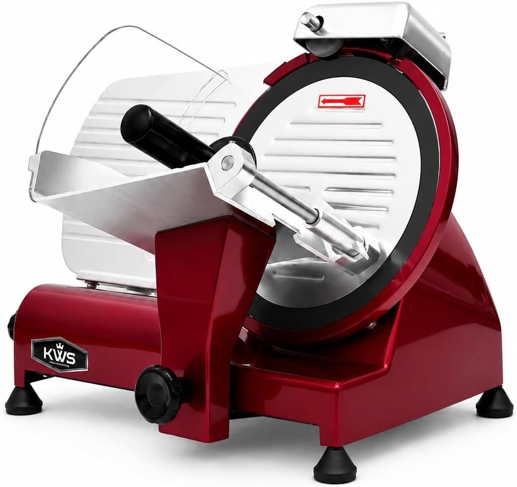 KWS MS-10XT Premium 320W Electric Meat Slicer 10-Inch in Red with Non-sticky Teflon Blade, Frozen Meat/Deli/Cheese/Food Slicer Low Noises Commercial and Home Use [ ETL, NSF Certified ]
