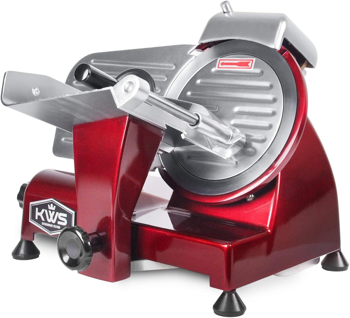 KWS MS-10XT Premium 320W Electric Meat Slicer 10-Inch in Red with Non-sticky Teflon Blade, Frozen Meat/Deli/Cheese/Food Slicer Low Noises Commercial and Home Use [ ETL, NSF Certified ]