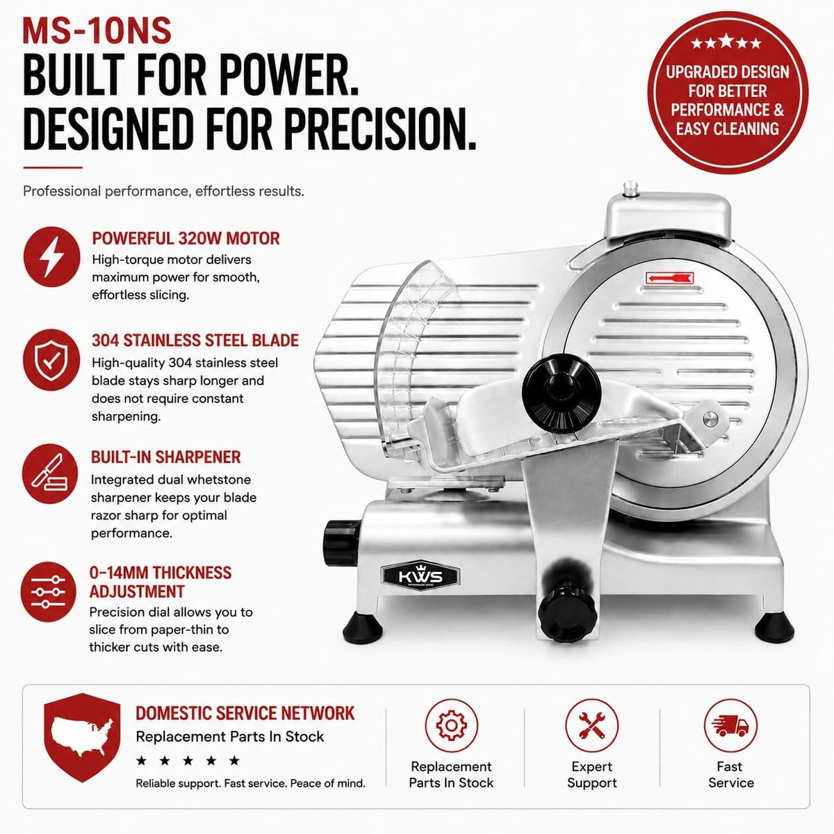 KWS MS-10XT Premium 320W Electric Meat Slicer 10-Inch in Red with Non-sticky Teflon Blade, Frozen Meat/Deli/Cheese/Food Slicer Low Noises Commercial and Home Use [ ETL, NSF Certified ]