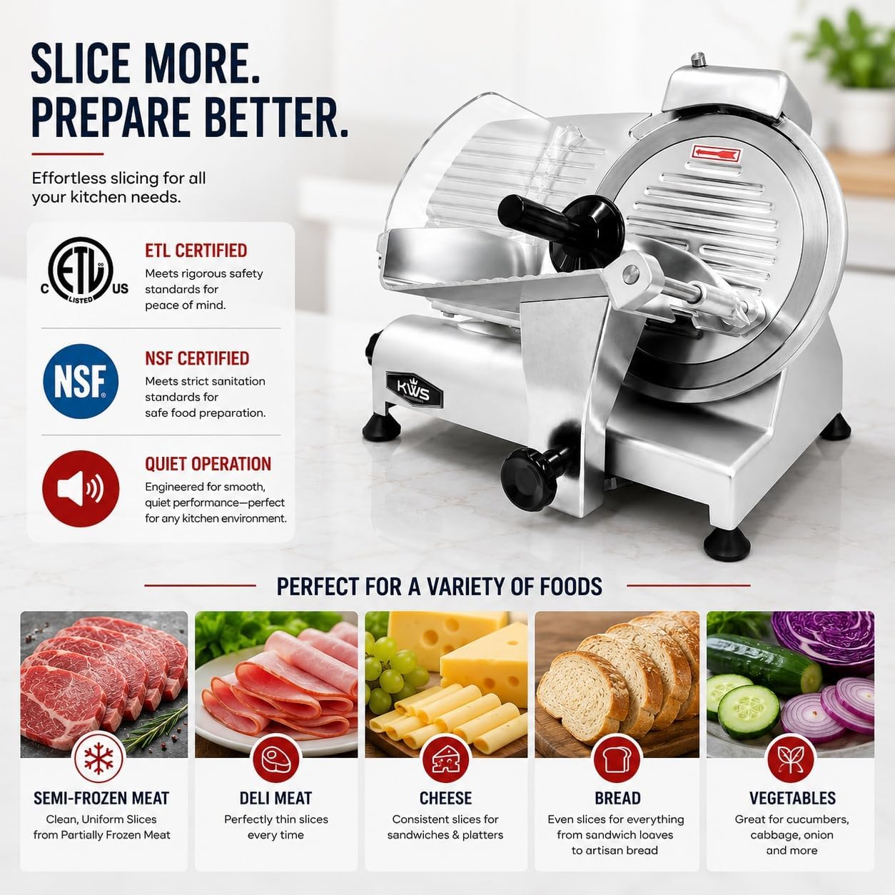 KWS MS-10XT Premium 320W Electric Meat Slicer 10-Inch in Red with Non-sticky Teflon Blade, Frozen Meat/Deli/Cheese/Food Slicer Low Noises Commercial and Home Use [ ETL, NSF Certified ]