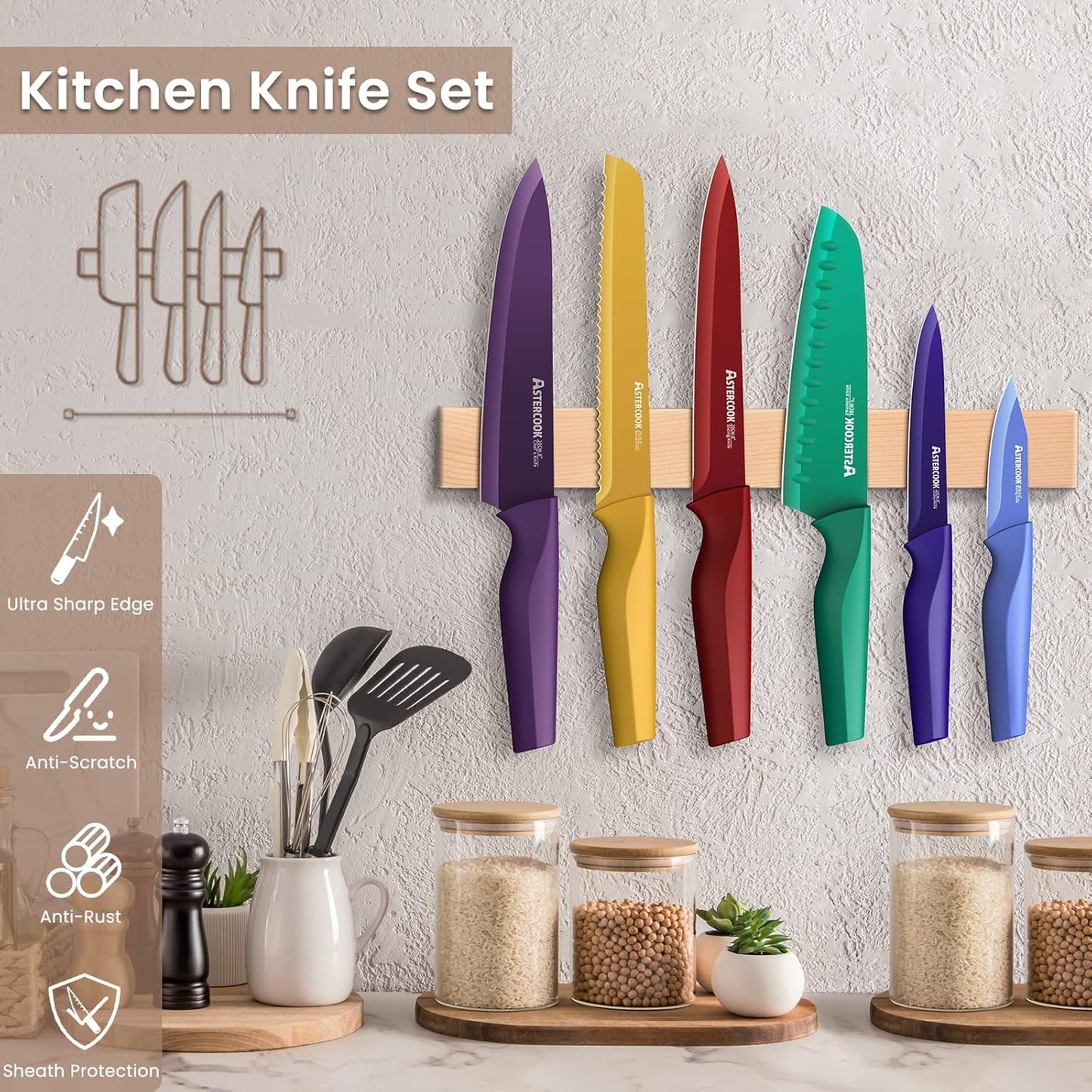 Knife Set, 12 Pcs Color-Coded Kitchen Knives Set, 6 Color Anti-Rust Coating Stainless Steel Chef Knife Sets with 6 Blade Guards Dishwasher Safe Fathers Day Gift for Men