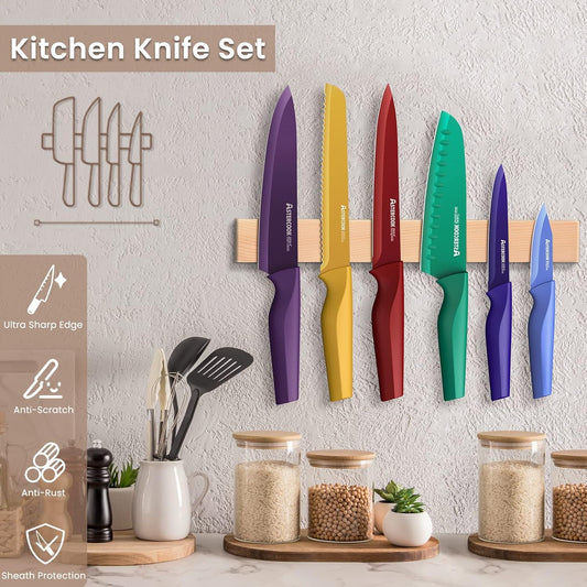 Knife Set, 12 Pcs Color-Coded Kitchen Knives Set, 6 Color Anti-Rust Coating Stainless Steel Chef Knife Sets with 6 Blade Guards Dishwasher Safe Fathers Day Gift for Men