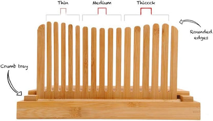 Bamboo Bread Slicer with Crumb Tray Bamboo Bread Cutter for Homemade Bread, Loaf Cakes, Bagels Slicer, 3 Slice Sizes, Adjustable, Compact, Foldable