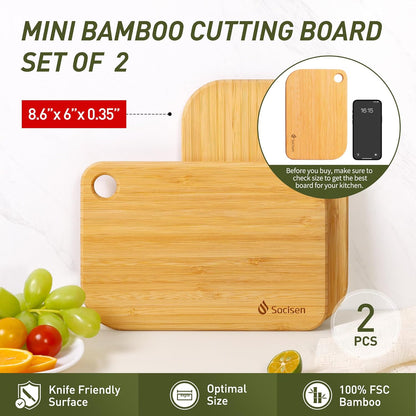 2 Pack Small Bamboo Wood Cutting Board for Kitchen Mini Wooden Charcuterie Boards 8.6" x 6" Lightweight Chopping Board Non Toxic Serving Board Tiny Chef Set Camping Fruit Lemon Sandwich Cheese