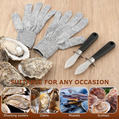 Oyster Shucking Knife Set, 2 Oysters Shucking Knives and 1 Pair Cut Resistant Gloves, Professional Clam Opener, Stainless Steel Oyster Shucker Tool for Shellfish and Oysters