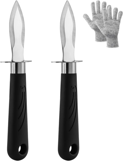 Oyster Shucking Knife Set, 2 Oysters Shucking Knives and 1 Pair Cut Resistant Gloves, Professional Clam Opener, Stainless Steel Oyster Shucker Tool for Shellfish and Oysters
