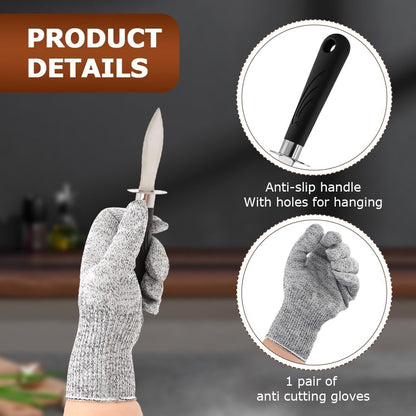 Oyster Shucking Knife Set, 2 Oysters Shucking Knives and 1 Pair Cut Resistant Gloves, Professional Clam Opener, Stainless Steel Oyster Shucker Tool for Shellfish and Oysters