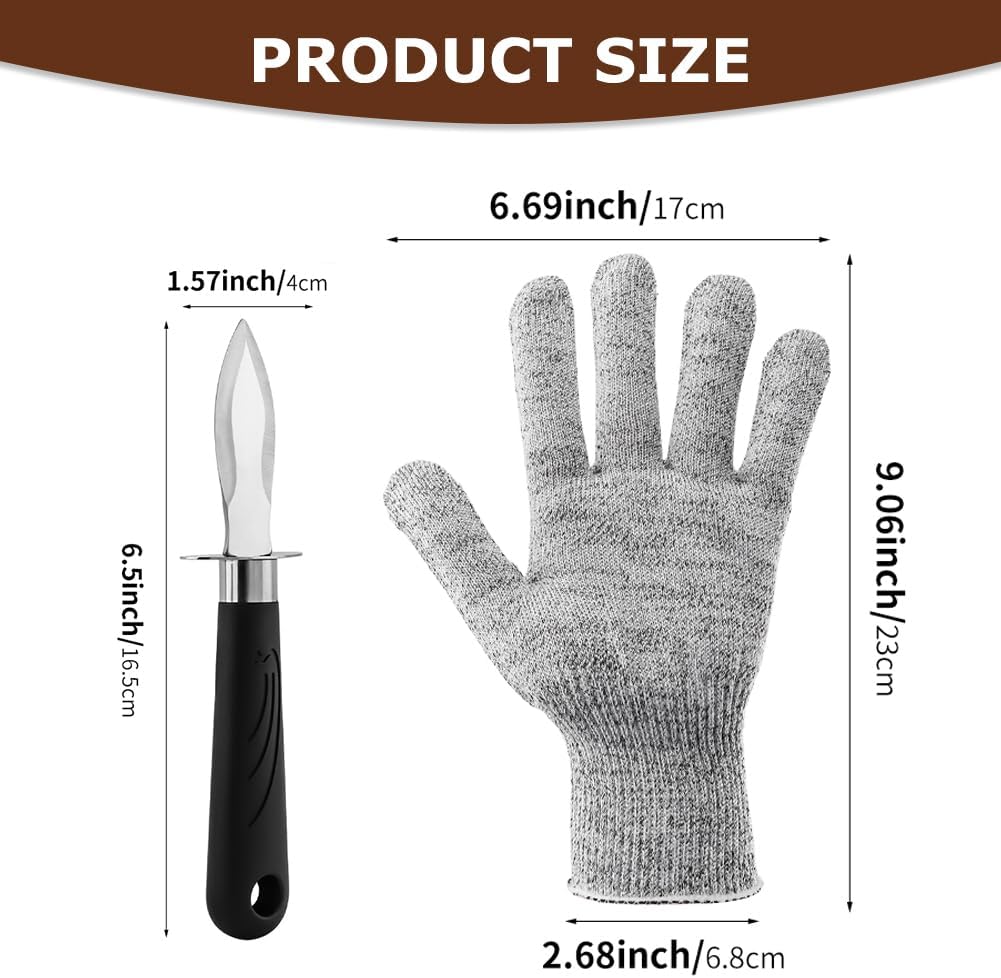 Oyster Shucking Knife Set, 2 Oysters Shucking Knives and 1 Pair Cut Resistant Gloves, Professional Clam Opener, Stainless Steel Oyster Shucker Tool for Shellfish and Oysters