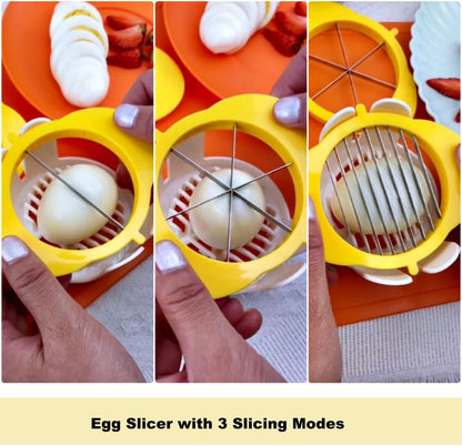 [Upgraded] 3 in 1 Egg Slicer with Metal Blades for Hard Boiled Eggs & Soft Fruits, Stainless Steel Hard Boiled Egg Cutter, Heavy Duty Strawberry Mushroom or Ham Slicer, Dishwasher Safe