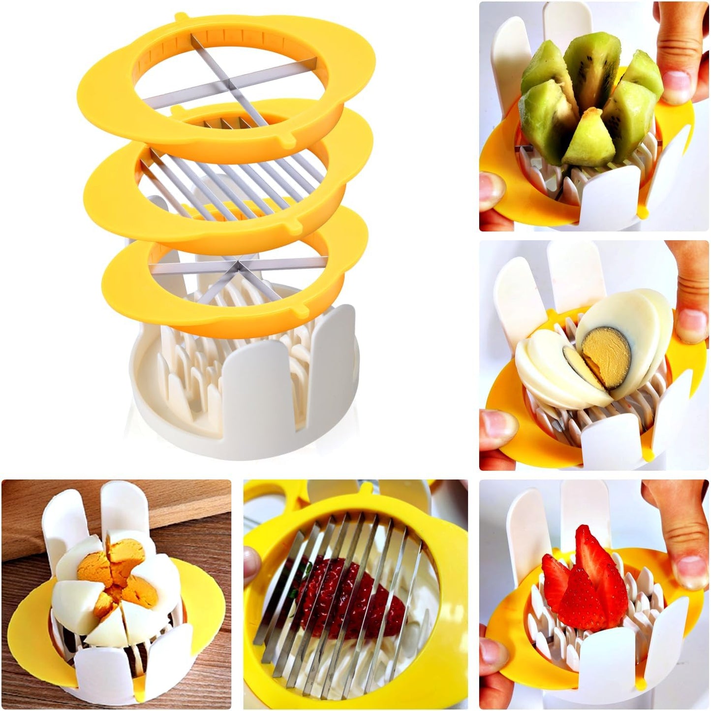 [Upgraded] 3 in 1 Egg Slicer with Metal Blades for Hard Boiled Eggs & Soft Fruits, Stainless Steel Hard Boiled Egg Cutter, Heavy Duty Strawberry Mushroom or Ham Slicer, Dishwasher Safe