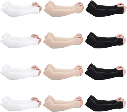 12 Pairs UV Protection Cooling Arm Sleeves for Men Women | Elderly Thin Skin Protector Forearm Cover, Upf 50+, Anti-Bruise Anti-Abrasion, Compression, Straight Cuff or Thumb Hole