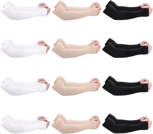 12 Pairs UV Protection Cooling Arm Sleeves for Men Women | Elderly Thin Skin Protector Forearm Cover, Upf 50+, Anti-Bruise Anti-Abrasion, Compression, Straight Cuff or Thumb Hole