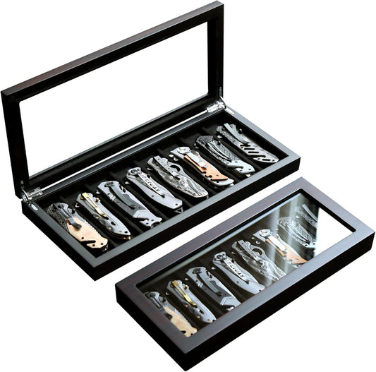 Knife Display Case for 8 Pocket Knives - Pocket Knife Case Storage Box for Men's Gift - Knife Cases for Collections with Ebony Finish and Glass Window Top