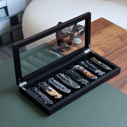 Knife Display Case for 8 Pocket Knives - Pocket Knife Case Storage Box for Men's Gift - Knife Cases for Collections with Ebony Finish and Glass Window Top